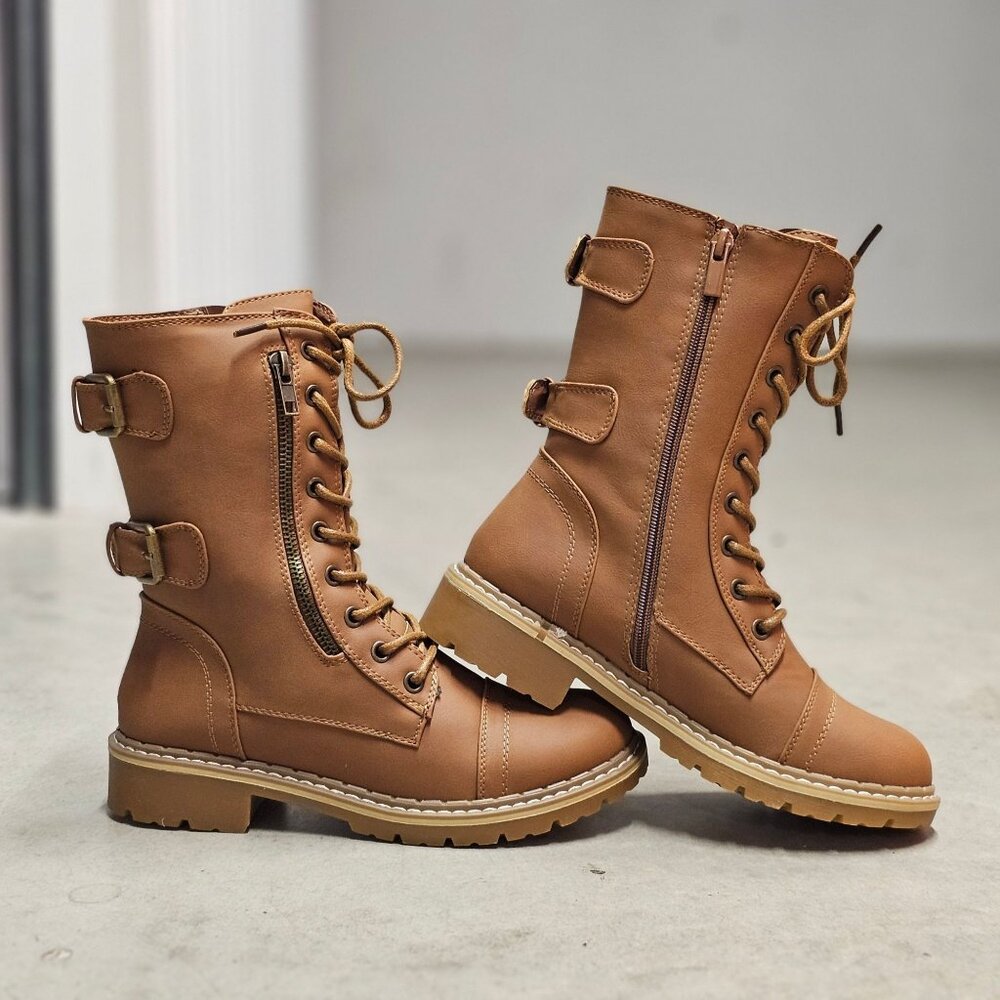 Womens Tan Lace-Up & Side-Zip Combat Boots With Adjustable Buckles Chunky Sole A